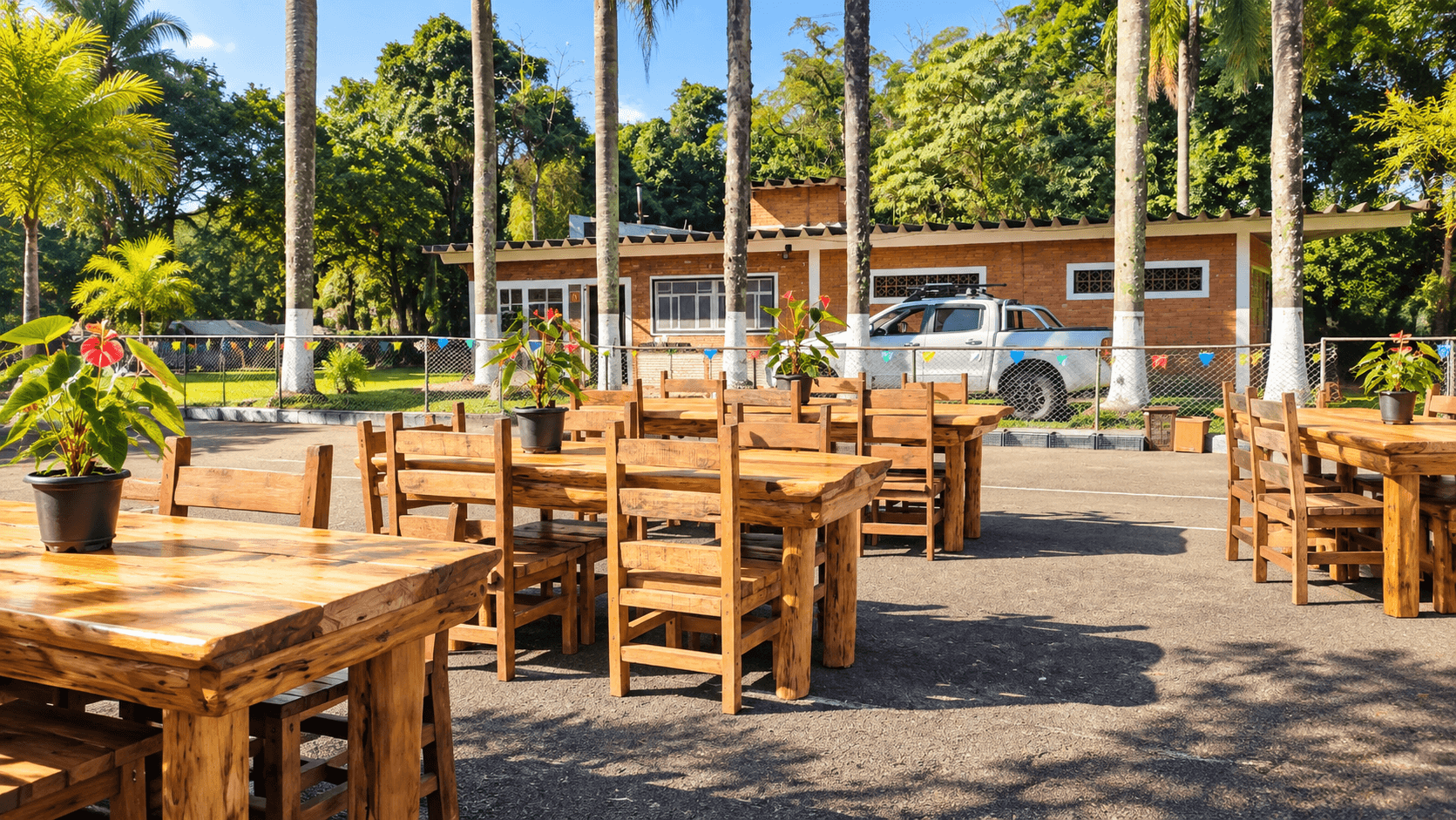 Área externa de convivência decorada para festa junina